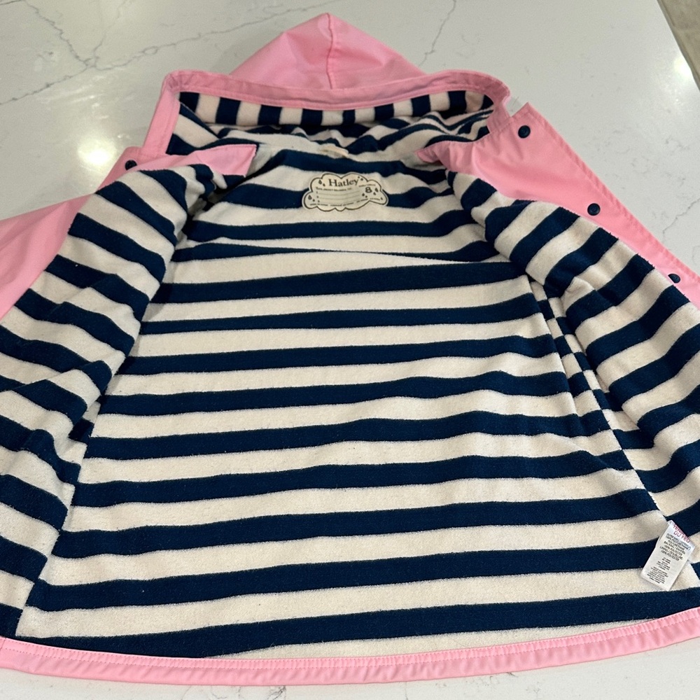 Hatley Pink Kids Hooded Raincoat with Navy Stripe Lining - Picture 6 of 9